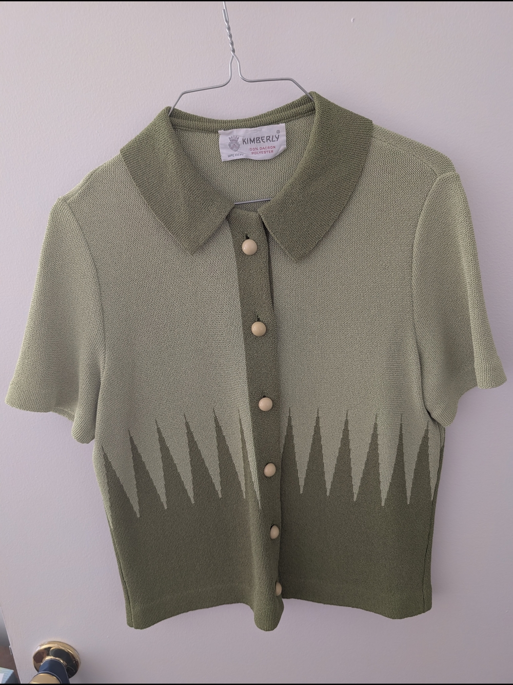 Kimberly Green Knit Button-Up Polo Top 70s Polyester Size Sm